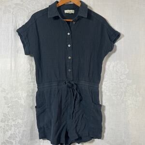 PINCH Romper Medium Navy Blue Gauze Short Sleeve Button Up Shorts Drawstring